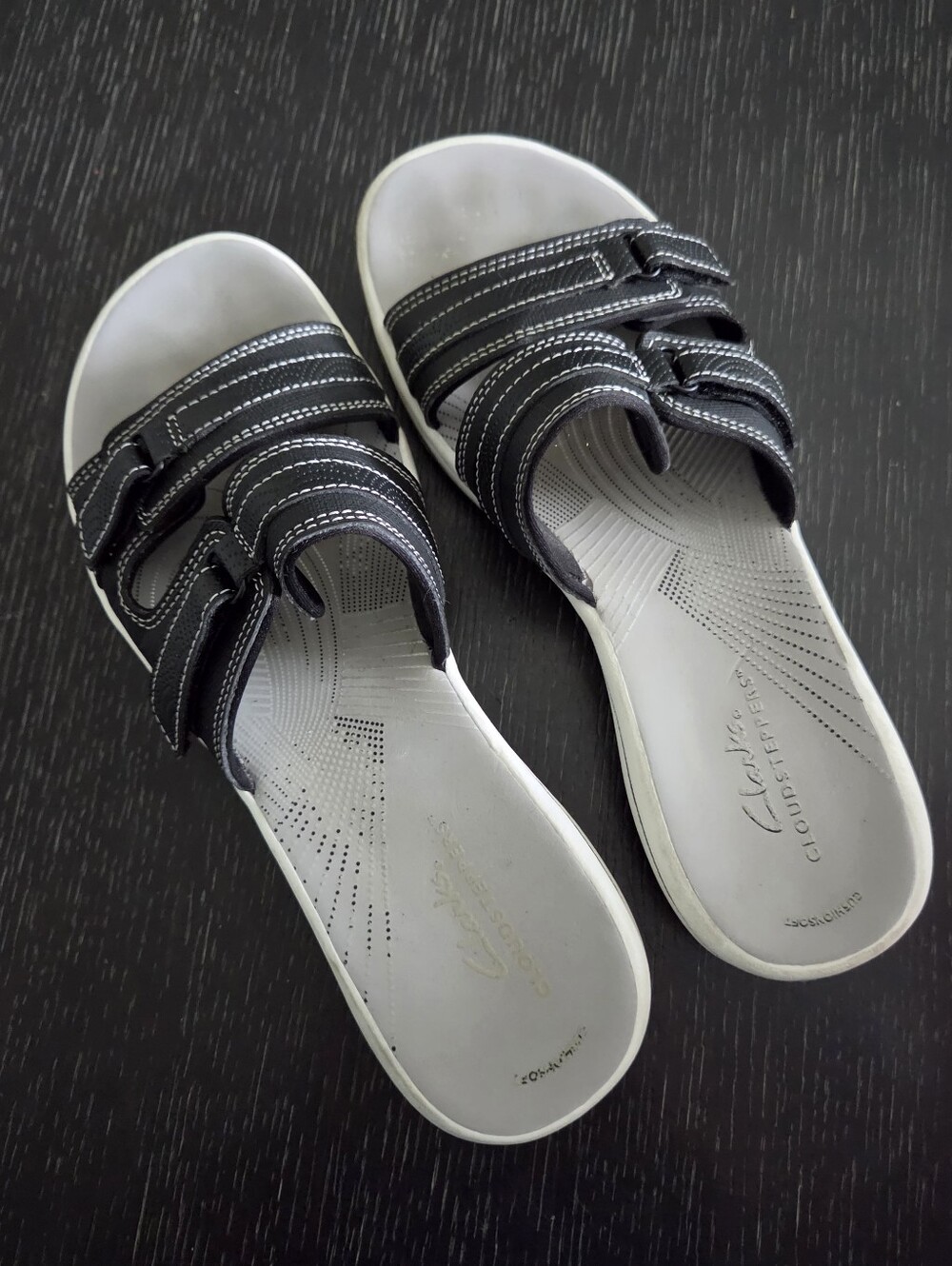 Clarks Black and White Double-Strap Slide Sandals Size 8M
